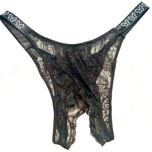 Victoria's Secret Black Lace crochless with butterfly shine straps Panty